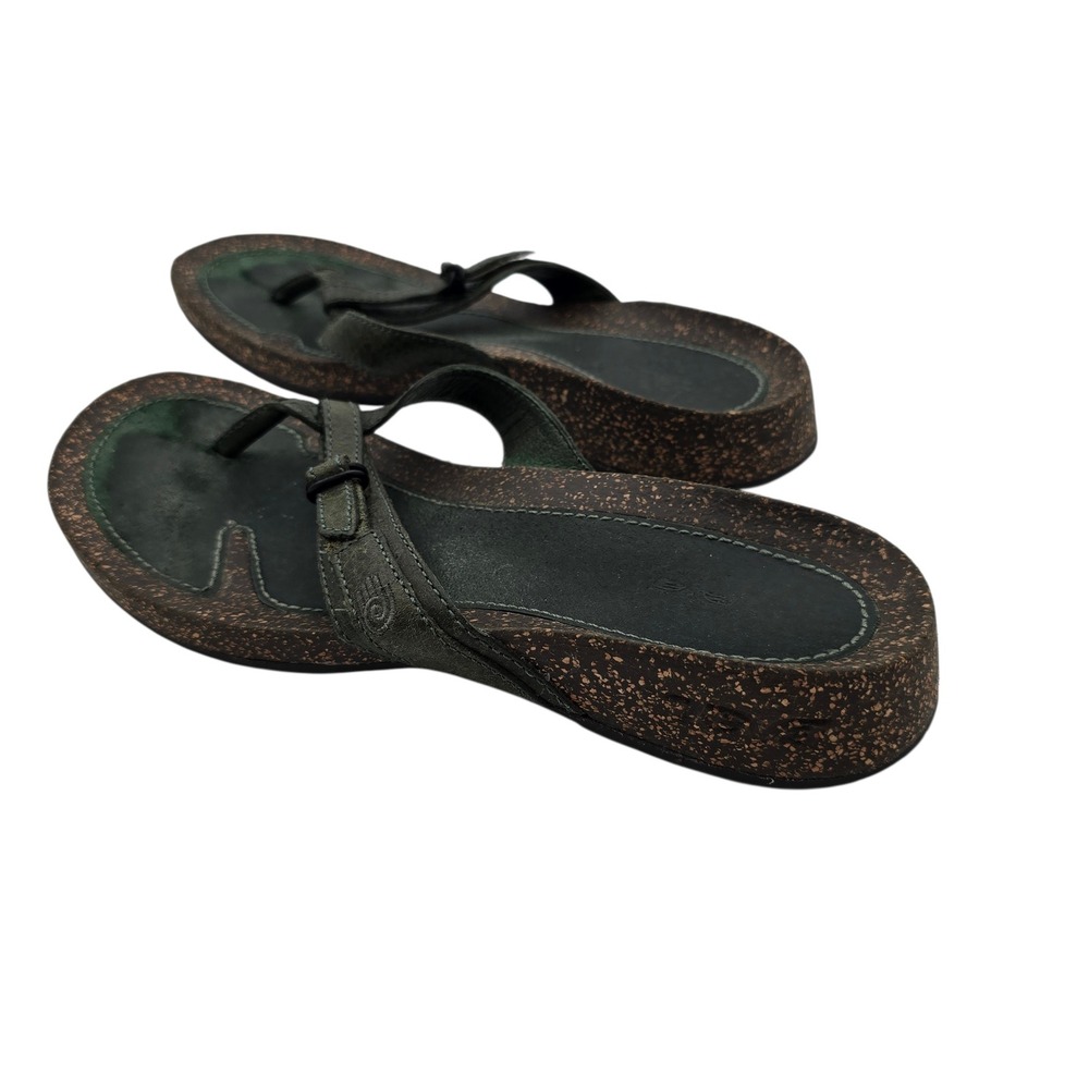 Teva Leather Thong Sandals Sz 7 Green Cork Sole Boho Outdoor Made‎ in USA Hiking